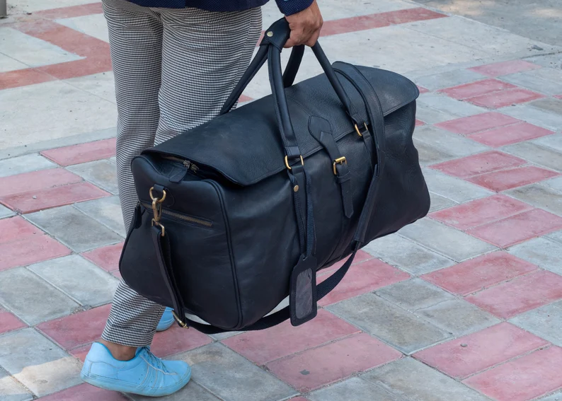 Personalized Black Leather Duffle Bag Men|Full Grain Large Leather Weekender Bag|Carry-on Overnight Travel Bag|Handmade Gift Ideas For Him