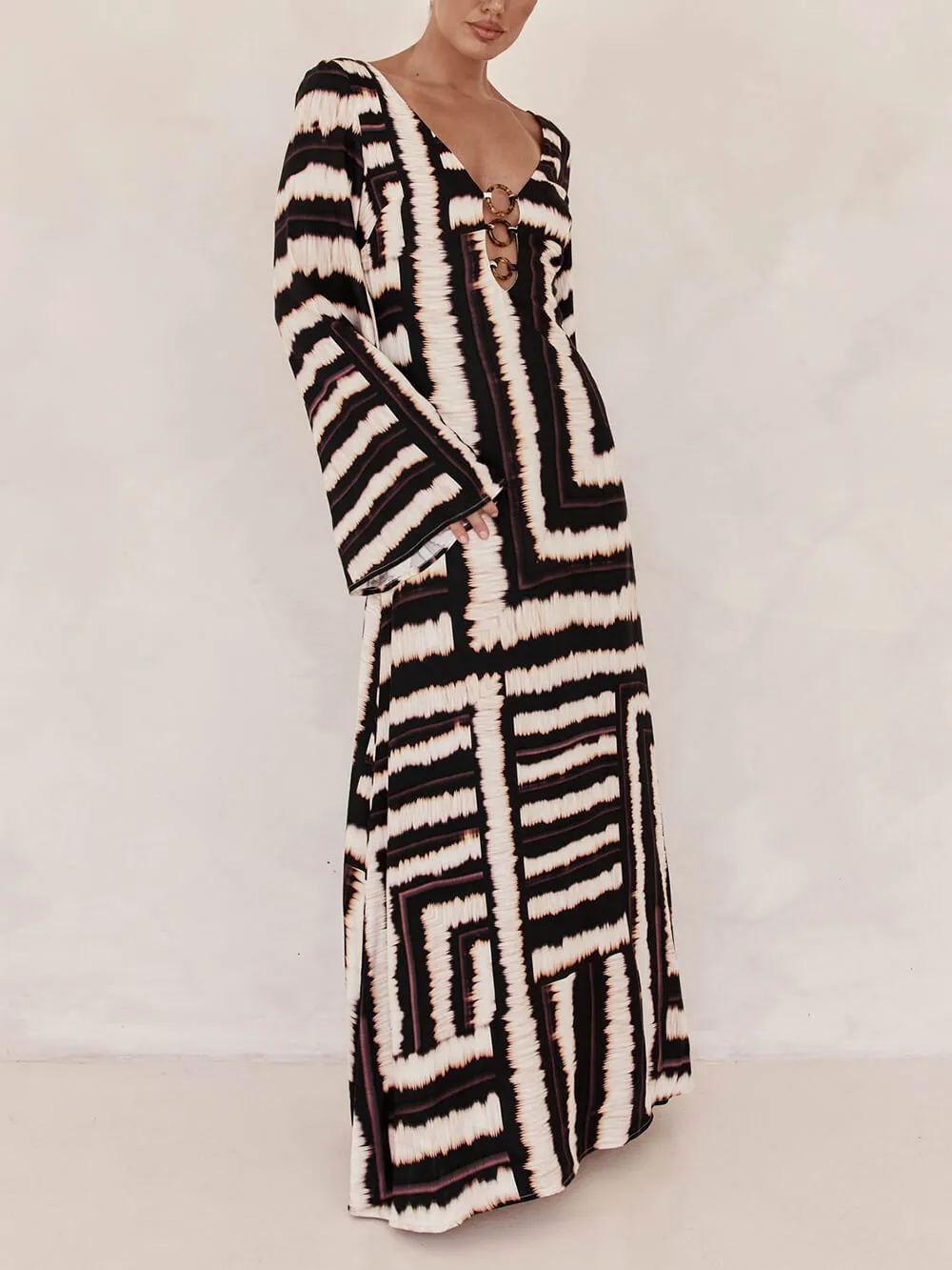 Bohemian Style Unique Printed V Tie Ring Maxi Dress