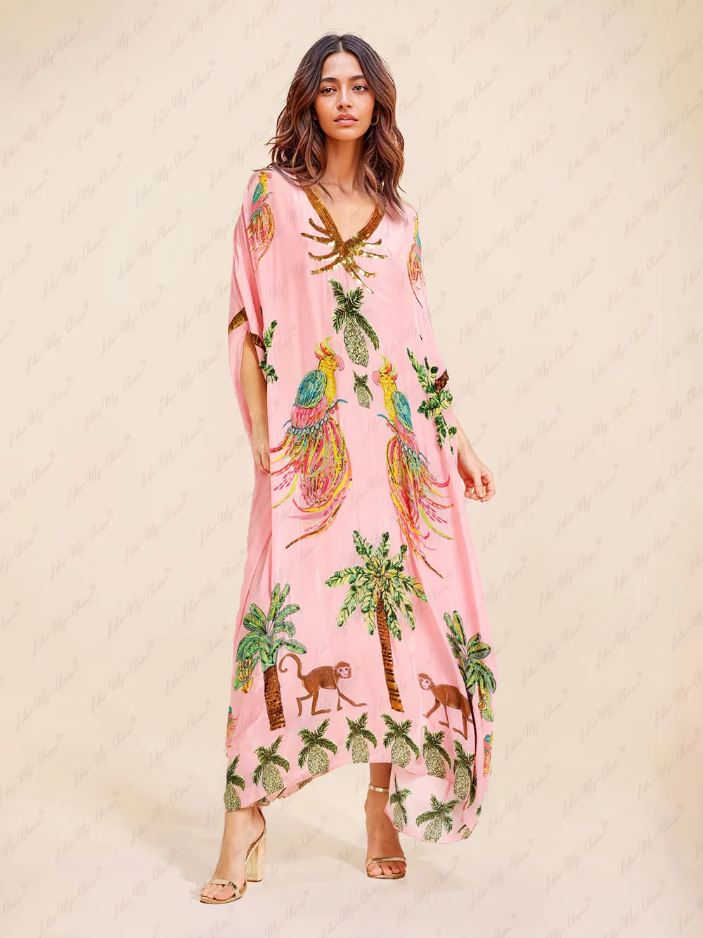 Unique Drop Shoulder Sleeve Coconut Tree Printed Dress