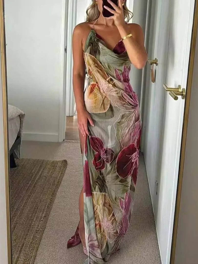 Halter Neck Backless High Slit Printed Dress