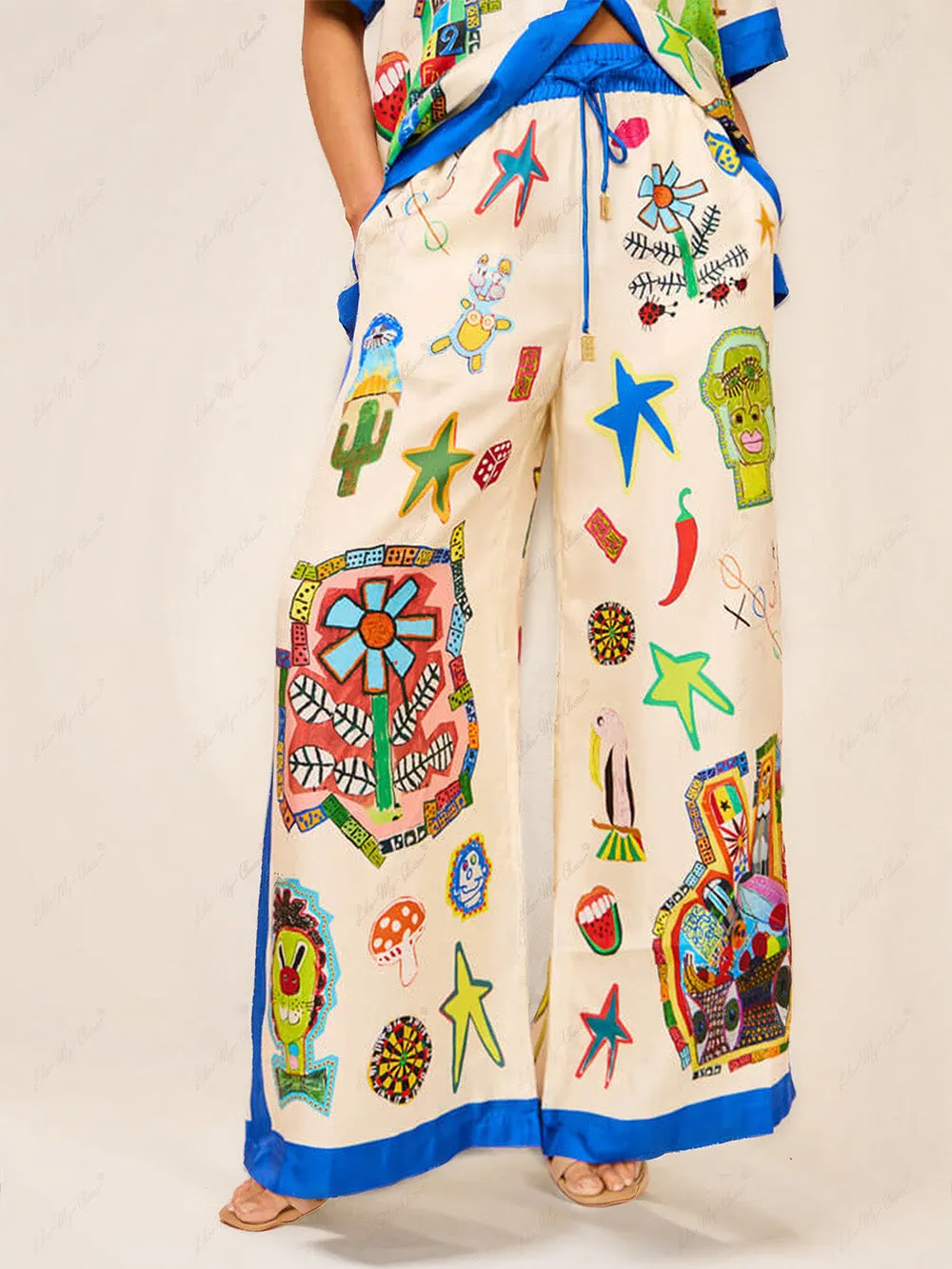 Personalized Printed Color Matching Holiday Casual Lace Wide-Leg Pants