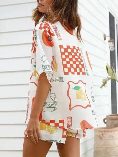 Ethnic Print Loose Shirt Shorts Suit