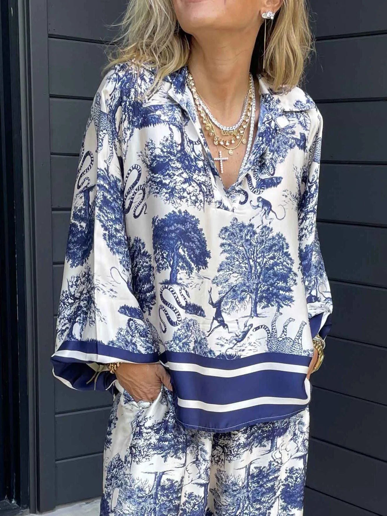 Satin Jungle Floral Print Loose Long Sleeve Top