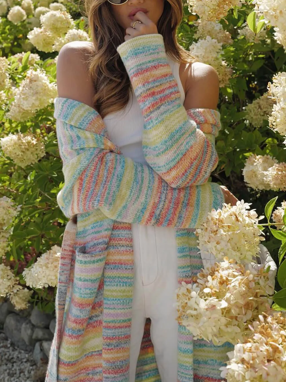Exquisite colorful stripes with patchwork pockets long cardigan